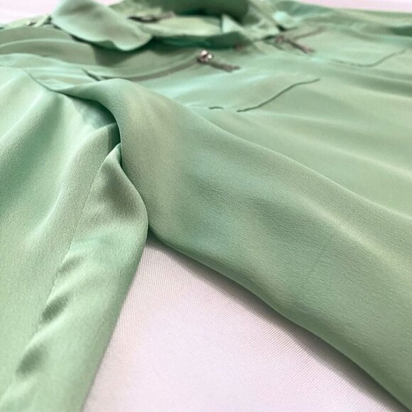 KARL LAGERFELD PASTEL GREEN SATIN TIE-FRONT ZIPPED POCKETS LONG SLEEVE SHIRT- XL - Picture 8 of 10